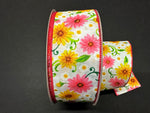 Pink & Yellow Daisies on White Satin Wired Ribbon - 2.5" x 50yds