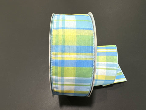 Blue, Green & Yellow Spring Plaid Wired Ribbon - 2.5" x 50yds
