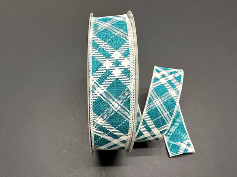 Teal Linen w/ Cream Hazel Diagonal Plaid - 1.5" x 50yds
