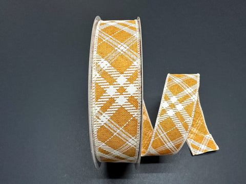 Sunflower Linen w/ White Hazel Diagonal Plaid Wired Ribbon- 1.5" x 50yds