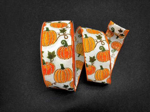Ivory Faux Burlap w/ Dotted Pumpkins Wired Ribbon - 2.5" x 50yds