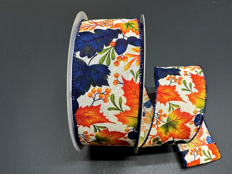 Natural Linen w/ Navy Fall Leaves Wired Ribbon - 2.5" x 50yds