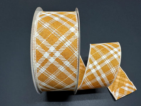 Sunflower Linen w/ White Hazel Diagonal Plaid Wired Ribbon - 2.5" x 50yds