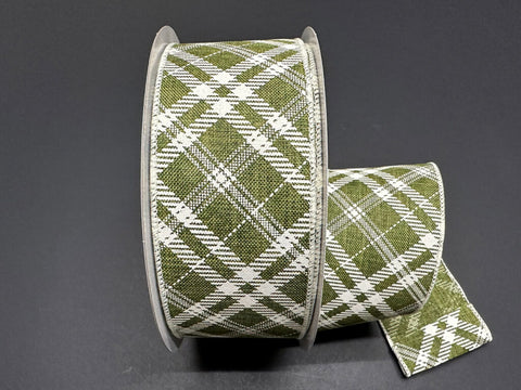 Moss Linen w/ Cream Hazel Diagonal Plaid - 2.5" x 50yds