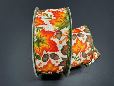 IV Linen w/ Brown Fall Leaves - 2.5" x 50yds