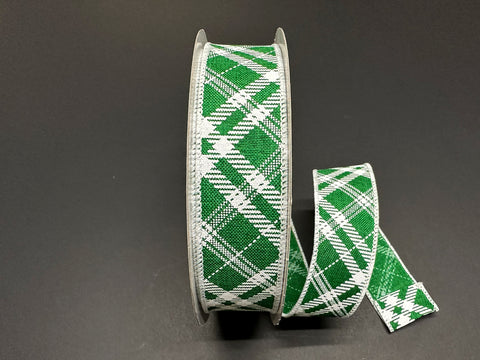 Green Burlap Diagonal Plaid Wired Ribbon - 1.5" x 50yds