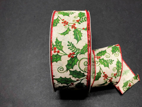 Holly Berries Burlap Wired Ribbon - 2.5"x50Yds