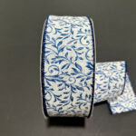 Ivory Linen w/ Blue Foliage Wired Ribbon - 2.5" x 50yds