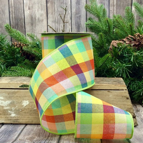Yellow, Orange & Blue Spring Plaid Wired Ribbon - 4" x 10yds