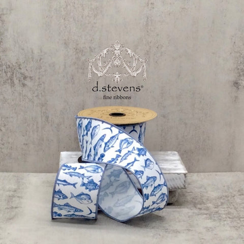 White Linen w/ Blue Fish Wired Ribbon - 2.5" x 10yds