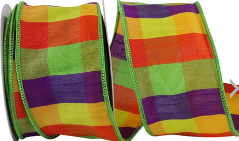 Purple, Orange, Yellow & Green Plaid Dupioni Wired Ribbon - 2.5" x 10yds