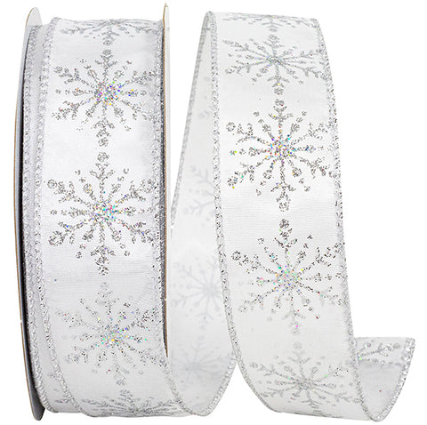 White & Silver Snowflake Stream Wired Ribbon - 1.5"x25Yds
