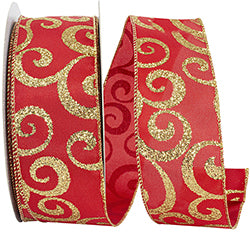 Red w/ Glitter Swirl Wired Ribbon - 2.5" x 50yds
