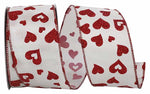 White Satin W/ Red Glitter Hearts Wired Ribbon - 2.5" x 20yds