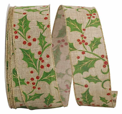 Holly Burlap Wired Ribbon - 1.5"x50Yds