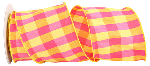 Yellow & Fuchsia Checked Dupioni Wired Ribbon - 4" x 10yds