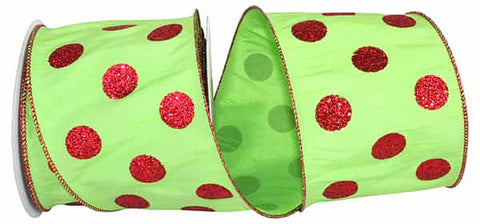 Red Glitter Dots on Lime Dupioni Wired Ribbon - 4"x10Yds