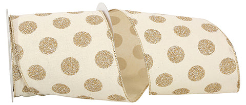Large Champagne Glitter Dots On Cream Linen Wired Ribbon - 4" x 10yds