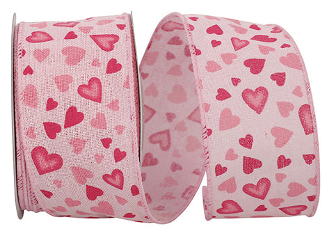 Multi Sized Hearts on Light Pink Linen Wired Ribbon - 2.5" x 10yds