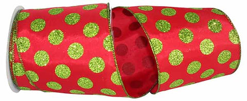 Green Glitter Dots on Red Wired Ribbon - 4" x 10yds