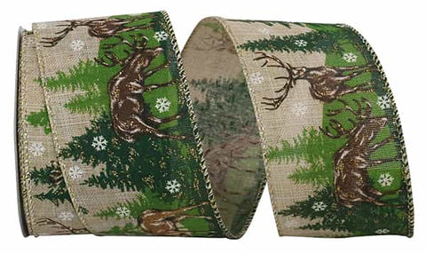 Deer Forest Scene Wired Ribbon - 2.5"x10Yds