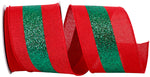 Red w/ Green Bold Glitter Center Stripe Wired Ribbon - 2.5" x 10yds