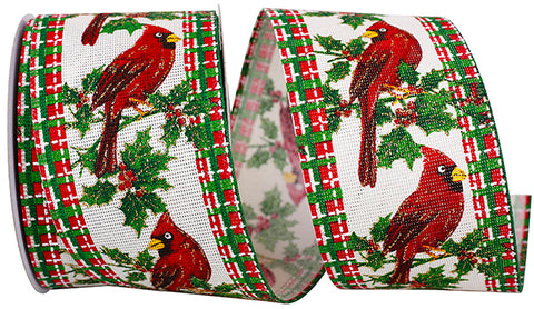 Cardinal with Holly Wired Ribbon - 2.5"x10Yds