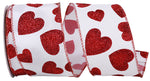 Red Glitter Hearts On White Wired Ribbon - 2.5" x 10yds