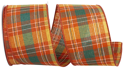 Orange & Green Plaid Wired Ribbon - 2.5" x 10yds