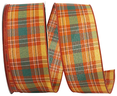 Orange & Green Plaid Wired Ribbon - 2.5" x 50yds