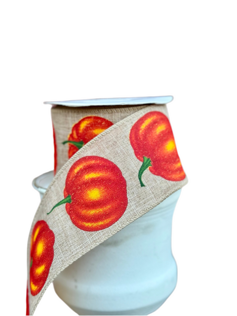 Burlap w/ Orange pumpkins Wired Ribbon - 2.5” x 10yds