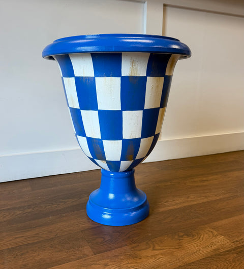 Blue & White Checkered Garden Urn Planter - (Hand-Painted)