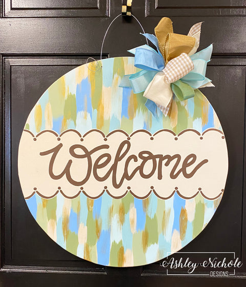 **Abstract Welcome - NEUTRAL BLUE PASTEL - Plaque Door Hanger (UV Printed only)**