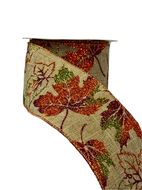 Glitter Leaves on Burlap Wired Ribbon - 2.5" x 10yds in