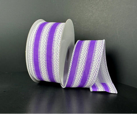 Purple & White Herringbone Striped Wired Ribbon - 1.5" x 10yds