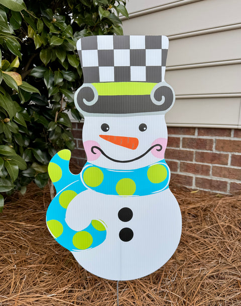 Snowman - Checkered BOY Version - Winter Corrugated Coroplast Yard Stake