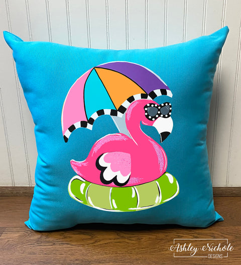 Custom-Beach Bound Flamingo Vinyl Pillow on Turquoise Outdoor Fabric