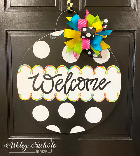 **Black & White Polka Dot Colorful Plaque Door Hanger (Hand-Painted)**