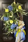 Blue Hydrangea & Green Ranunculus Floral Wreath