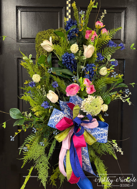 Blue Toile Spring Garden Wreath