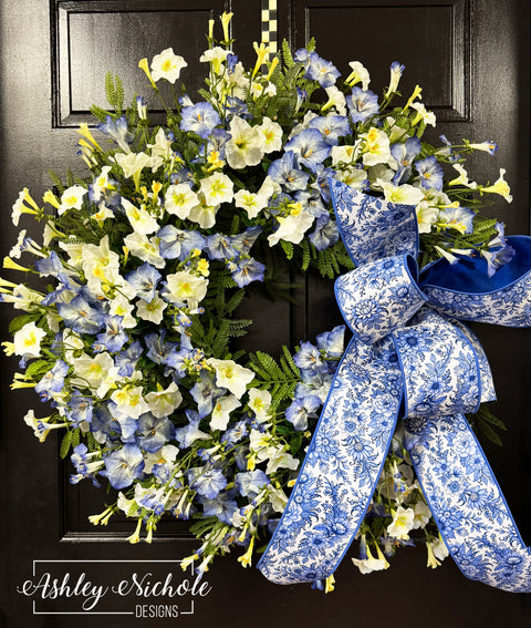 *READY to SHIP* - Blue & White Morning Glory Wreath (OVERSIZED)
