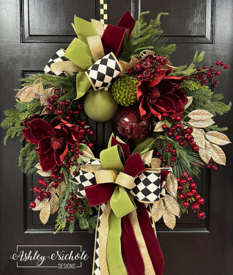 Burgundy & Sage Charm Christmas Wreath