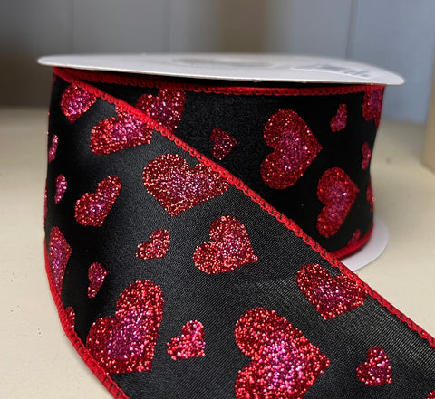 Black Satin w/ Pink & Red Glitter Hearts Wired Ribbon - 2.5" x 25yds