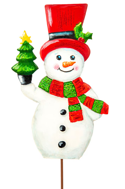 Snowman With Tree Metal Stake