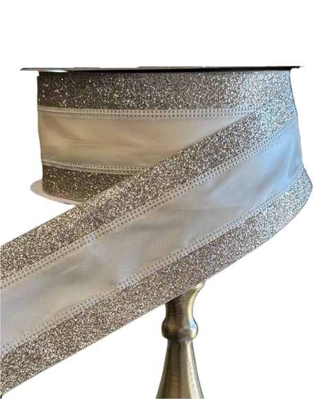 Cream Satin w/ Champagne Glitter Edge Wired Ribbon - 2.5 x 50yds