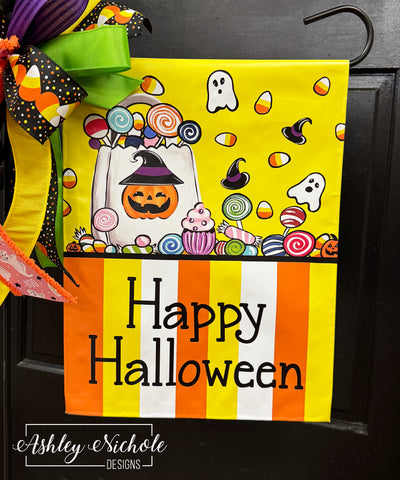 Decorative candy corn garden flag for seasonal outdoor home decor.