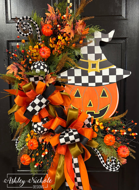 Checkered Witch Jack-O-Lantern Halloween Wreath