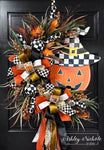 Checkered Witch Jack-O-Lantern Halloween Wreath