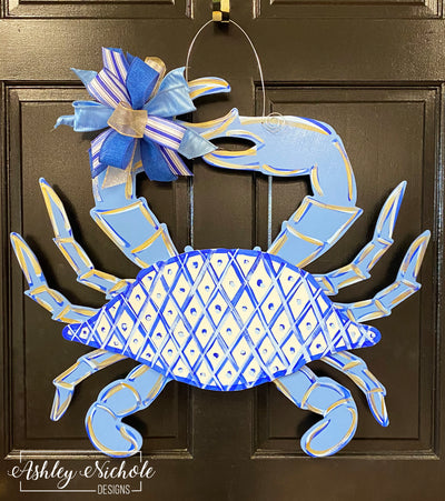 Chinoiserie Crab Door Hanger - Blue (Hand-Painted)