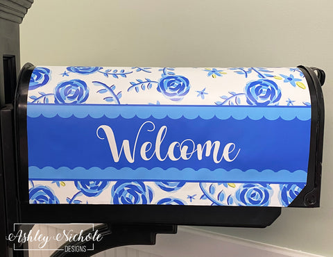 Chinoiserie Floral "Welcome" Vinyl Mailbox Cover